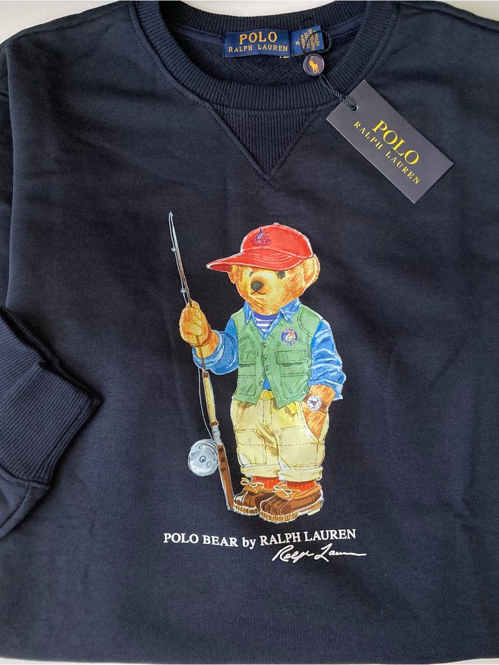 Polo Ralph Lauren Fishing Bear Sweatshirt Navy Blue Cotton Long Sleeve Crewneck